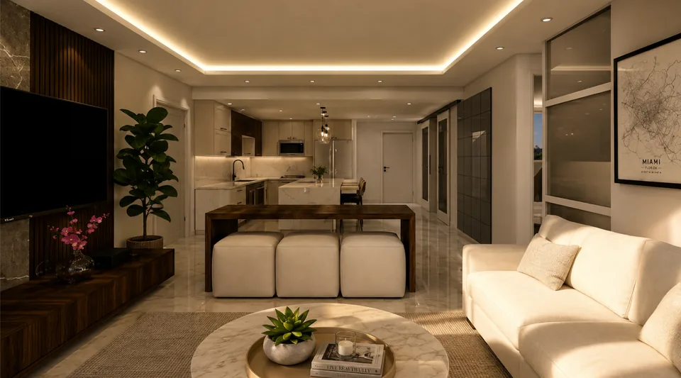Living room design with warm wood finishes, sculptural seating, and layered natural textures