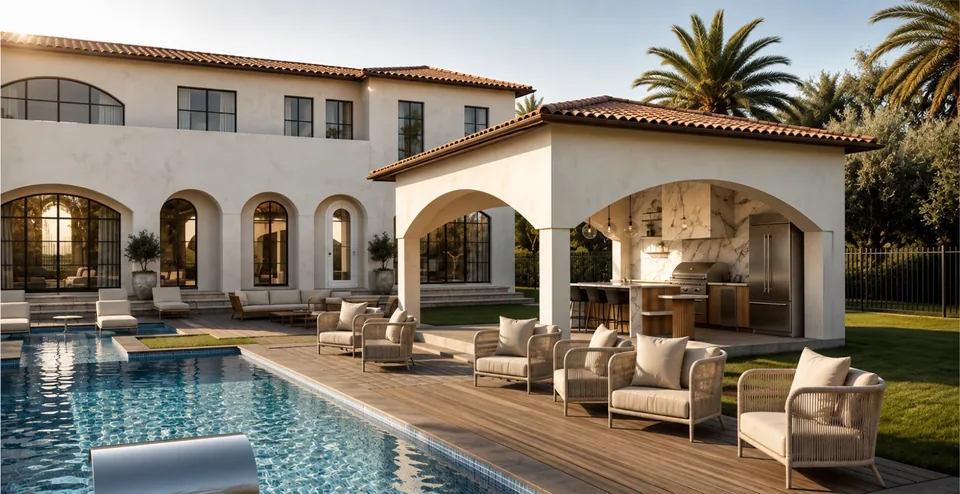 Courtyard design with greenery and architectural surfaces