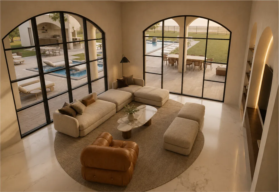Lounge design study with a sofa and architectural details