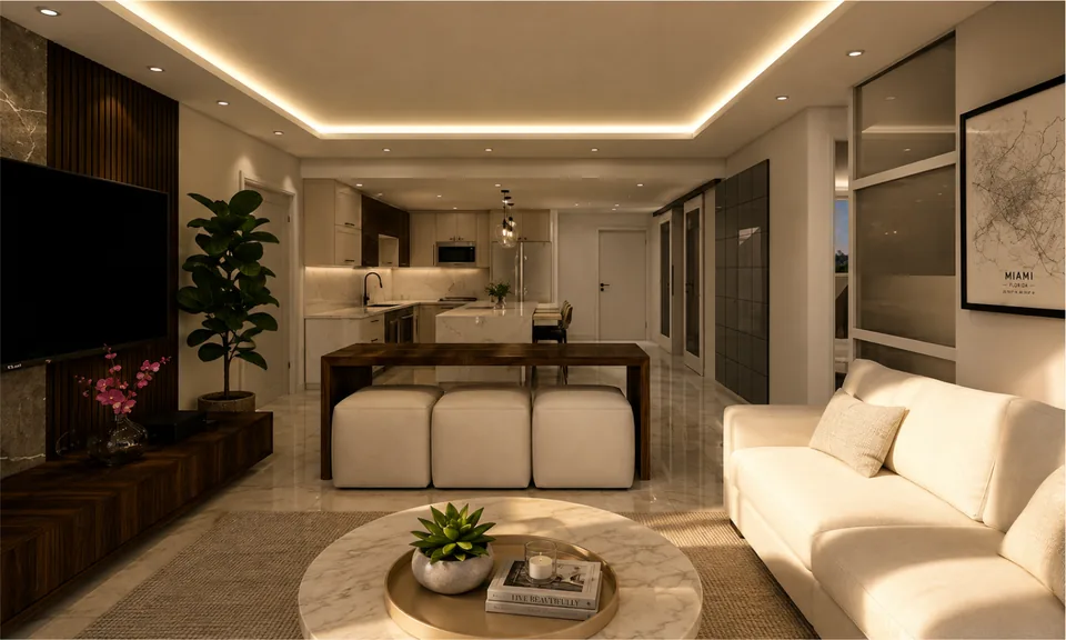 Living room design with wood finishes, layered seating, and greenery