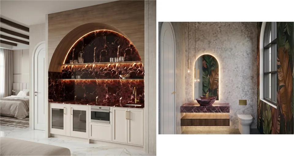Interior study exploring seating, cabinetry, and architectural form