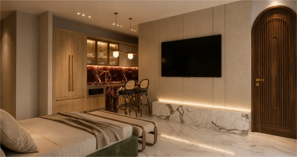 Bedroom design study with warm materials and layered textiles